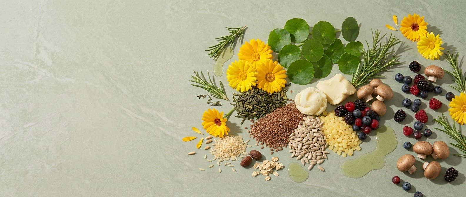 A flat-lay of real ingredients — calendula flowers, centella leaves, green tea, flaxseed, oat kernels, shea butter, beeswax, mushrooms, and berries